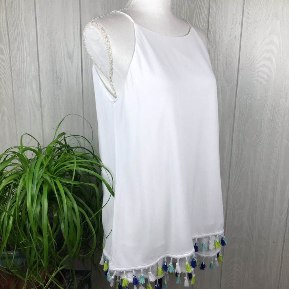 Hailey Lyn rayon white gauze sleeveless tank top with tassels